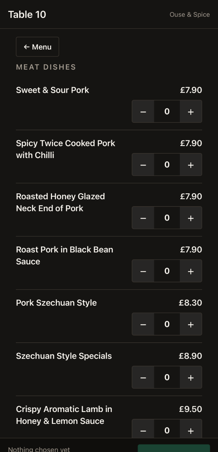 Ordering menu on a customer's phone